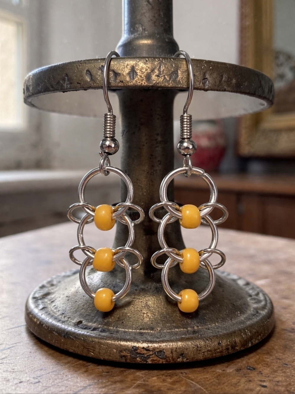 Handcrafted Glass Bead And Chainmaille Dangle Earrings